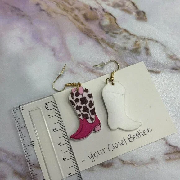 Pink and black cow print cowboy boot earrings - NEW handmade acrylic 2D earrings - Picture 3 of 4